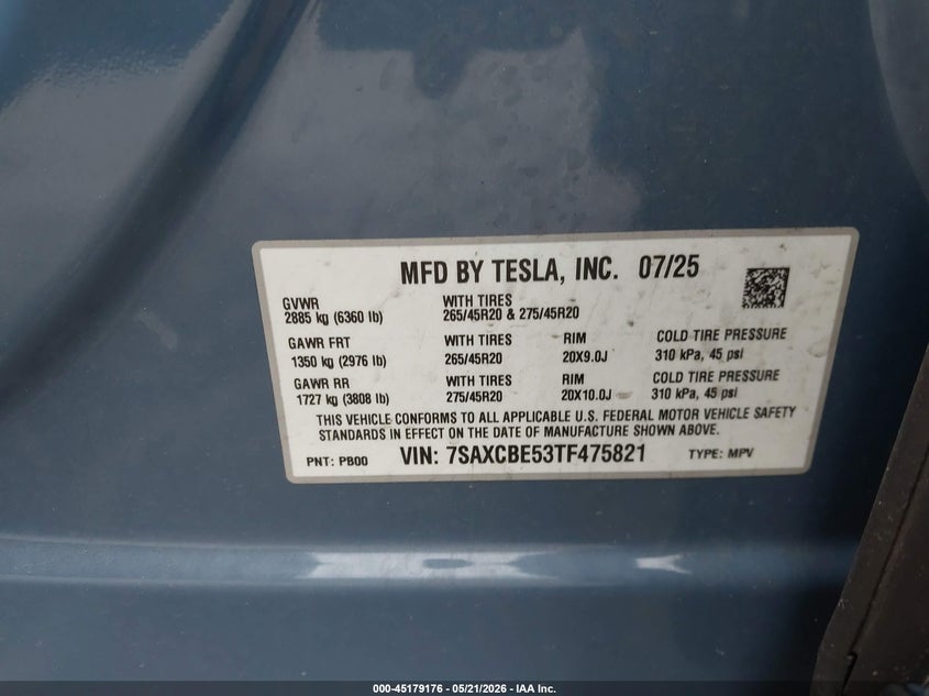 2026 Tesla Model X All-Wheel Drive VIN: 7SAXCBE53TF475821 Lot: 45179176