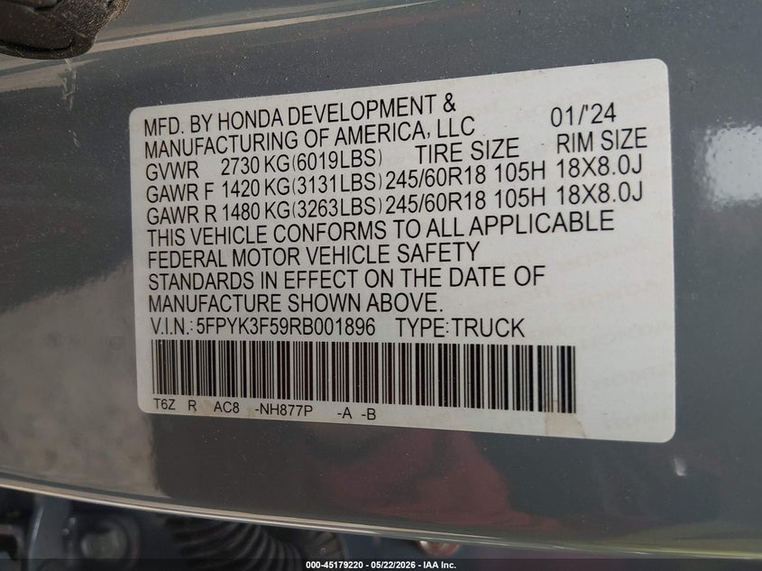 2024 HONDA RIDGELINE PICKUP 3.5L V-6 DI, VVT, 280HP