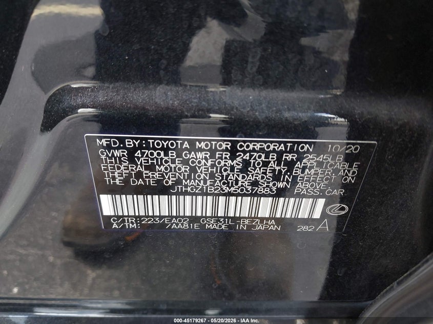 2021 LEXUS IS 350 3.5L V-6 DI, DOHC, V(VIN: JTHGZ1B23M5037883