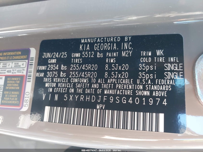 2025 Kia Sorento X-Line Ex VIN: 5XYRHDJF9SG401974 Lot: 45179287