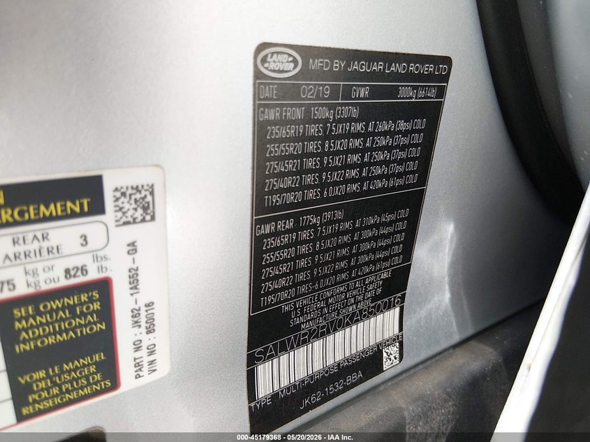 2019 Land Rover Range Rover Sport Hse VIN: SALWR2RV0KA850016 Lot: 45179368