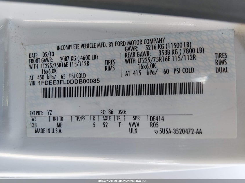 2013 Ford E-350 Cutaway VIN: 1FDEE3FL0DDB00085 Lot: 45179399