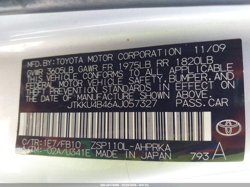 2010 Scion Xd VIN: JTKKU4B46AJ057327 Lot: 45179466