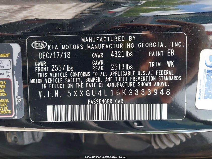 2019 Kia Optima Ex VIN: 5XXGU4L16KG333948 Lot: 45179505