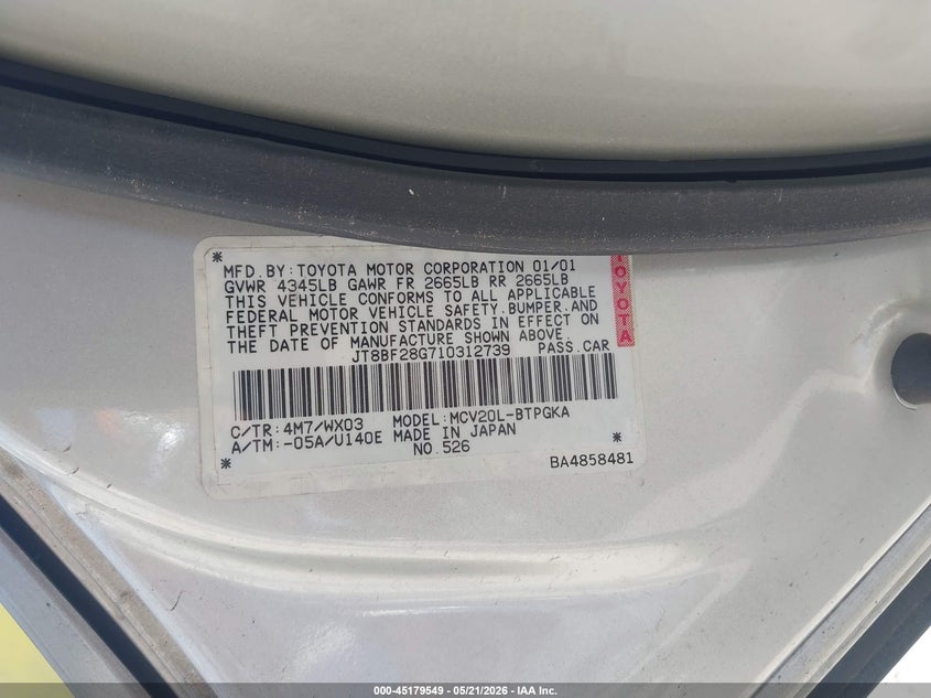 LEXUS ES 300 2001 VIN JT8BF28G710312739