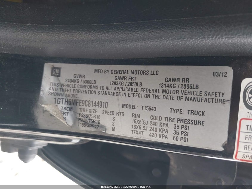 2012 GMC Canyon Sle1 VIN: 1GTH6MFE9C8144910 Lot: 45179565