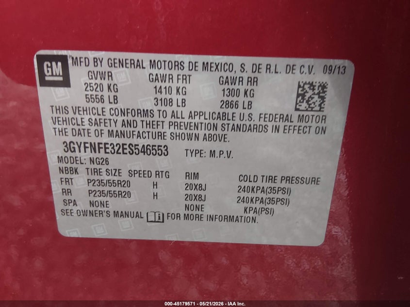 2014 Cadillac Srx Performance Collection VIN: 3GYFNFE32ES546553 Lot: 45179571