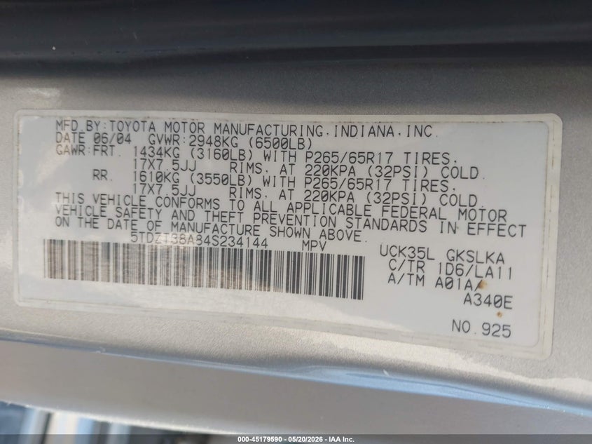 2004 Toyota Sequoia Limited V8 VIN: 5TDZT38A84S234144 Lot: 45179590