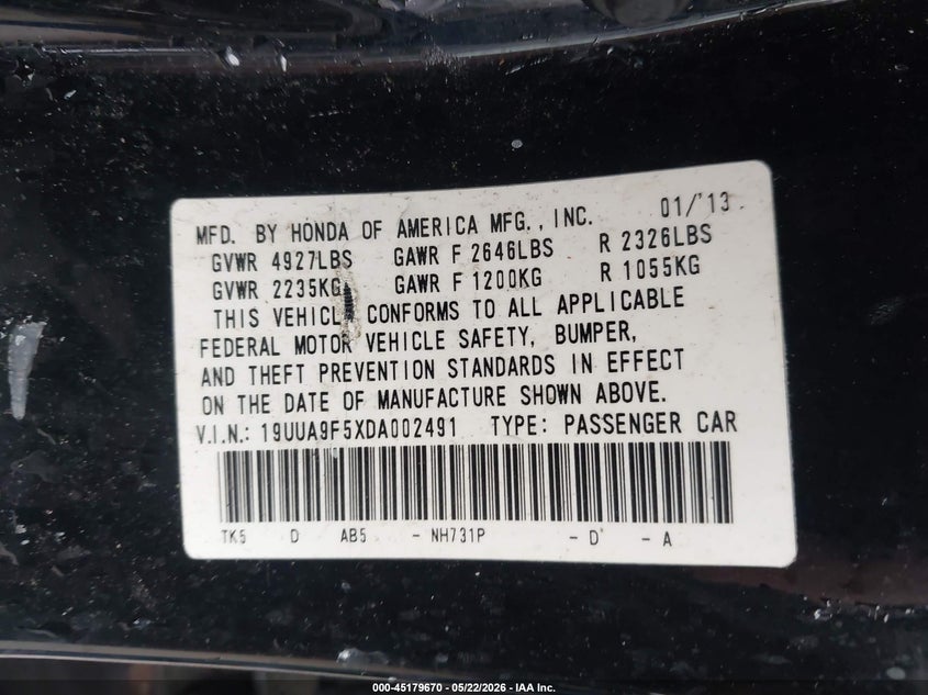 2013 Acura Tl 3.7 VIN: 19UUA9F5XDA002491 Lot: 45179670