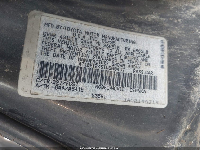 1996 TOYOTA CAMRY SEDAN 3.0L V6 FI 24V F4