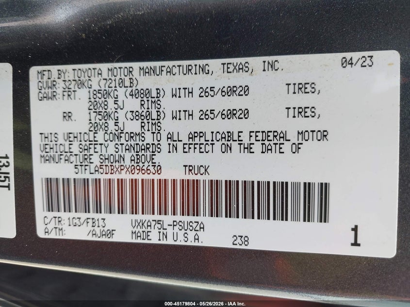 TOYOTA TUNDRA 2023 VIN 5TFLA5DBXPX096630