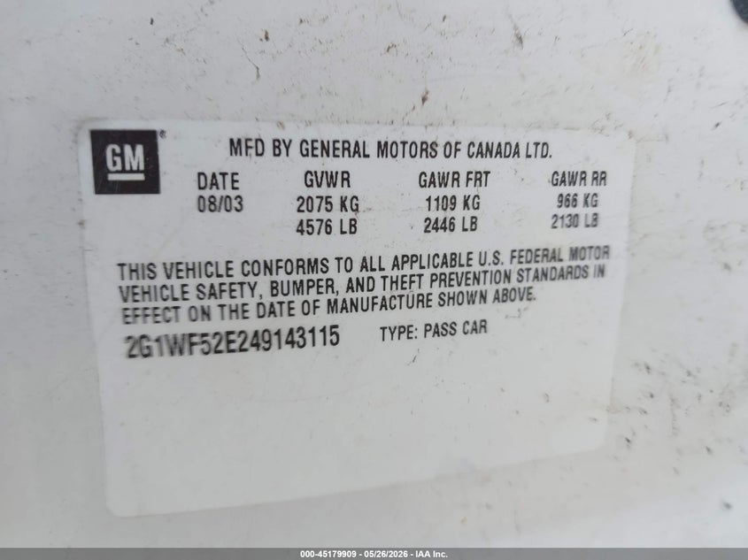 2004 Chevrolet Impala VIN: 2G1WF52E249143115 Lot: 45179909