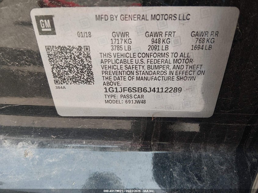 2018 Chevrolet Sonic Premier Auto VIN: 1G1JF6SB6J4112289 Lot: 45179921