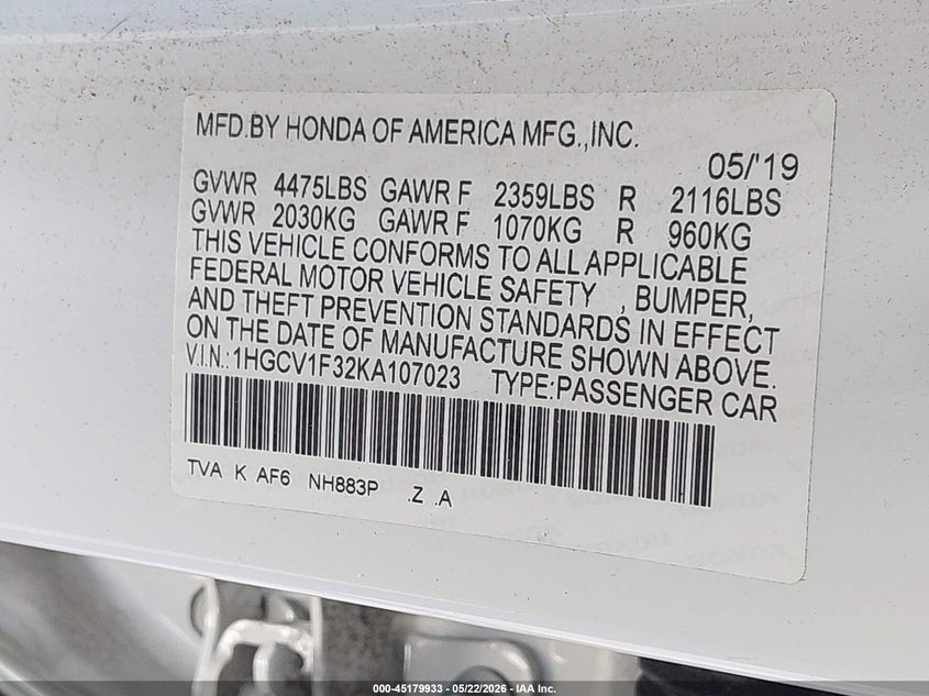VIN 1HGCV1F32KA107023 2019 HONDA ACCORD SPORT