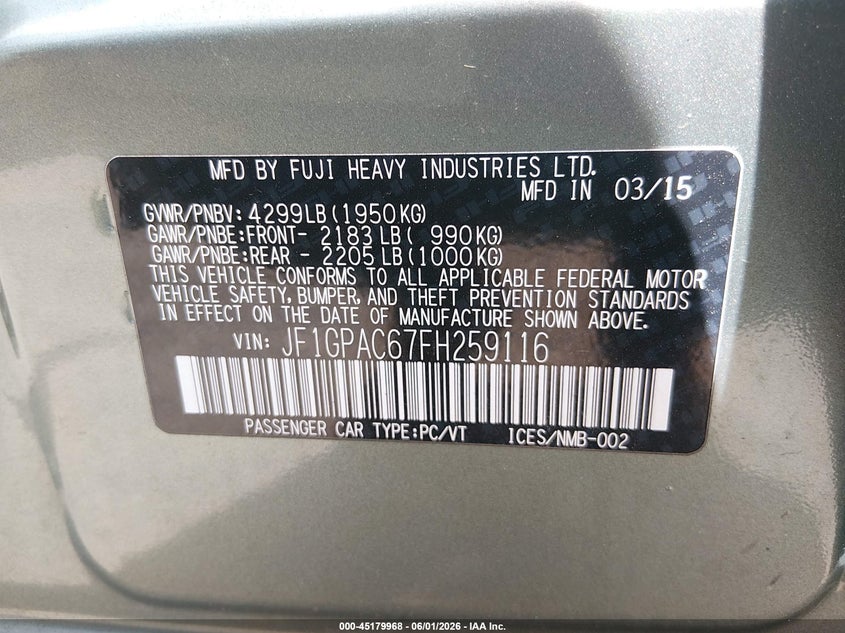 2015 Subaru Impreza 2.0I Premium VIN: JF1GPAC67FH259116 Lot: 45179968