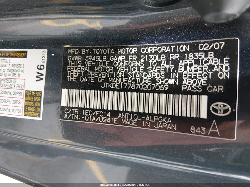 2007 Scion Tc VIN: JTKDE177870207069 Lot: 45180031
