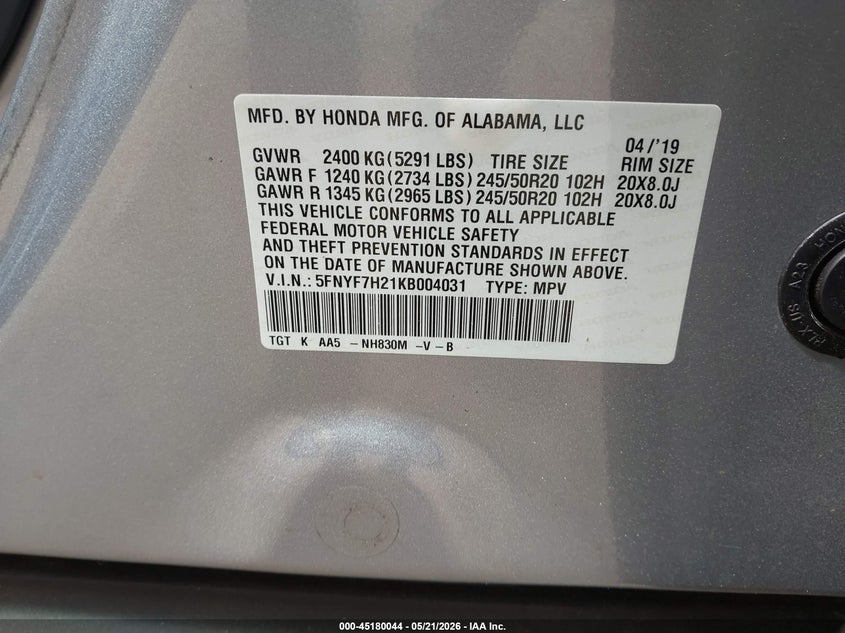 2019 Honda Passport Sport VIN: 5FNYF7H21KB004031 Lot: 45180044