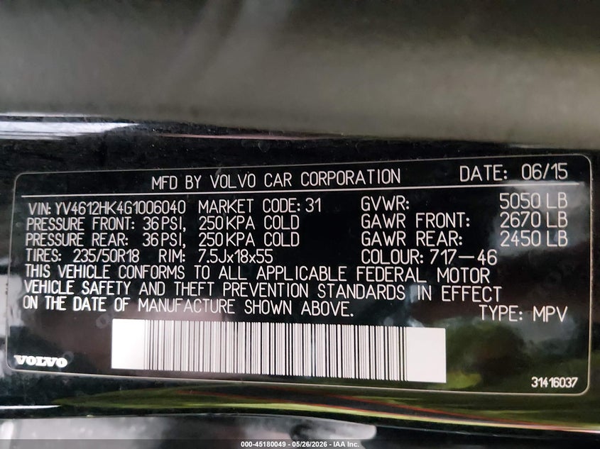 2016 Volvo V60 Cross Country T5 VIN: YV4612HK4G1006040 Lot: 45180049