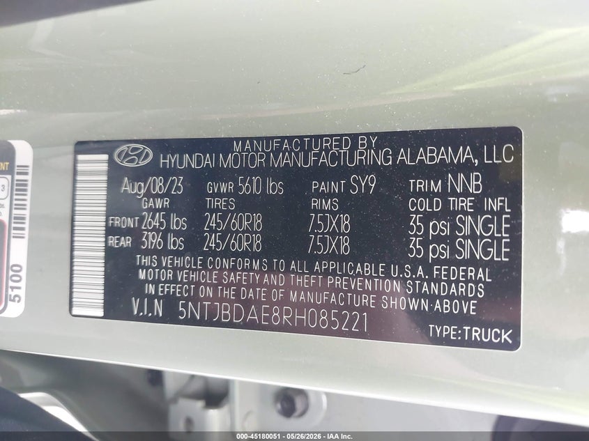 2024 Hyundai Santa Cruz Sel VIN: 5NTJBDAE8RH085221 Lot: 45180051