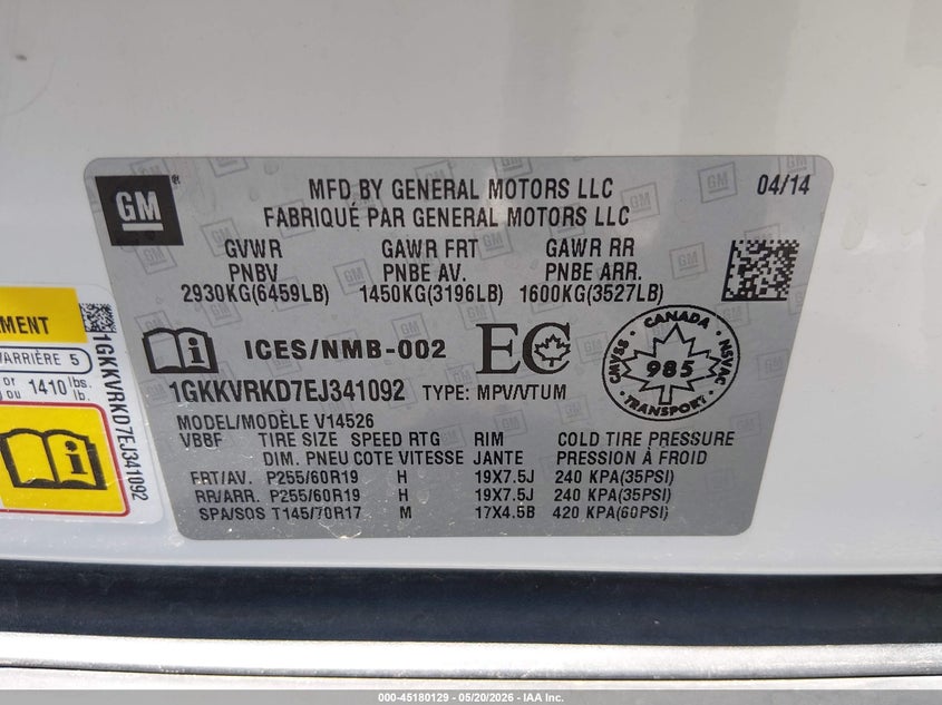 2014 GMC ACADIA SPORT UTILITY VEHICLE 3.6L V-6 DI, DOHC, VVT, 288HP