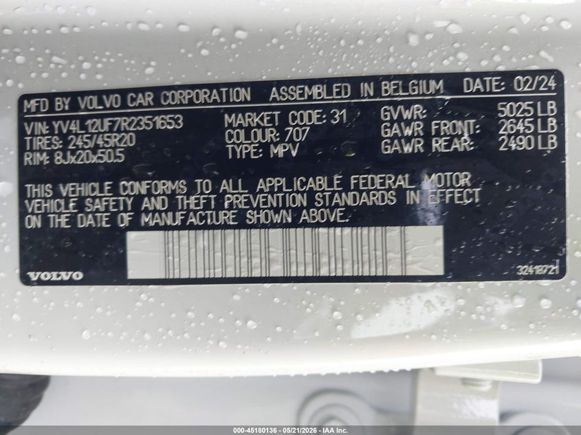 2024 Volvo Xc40 B5 Ultimate Bright Theme VIN: YV4L12UF7R2351653 Lot: 45180136