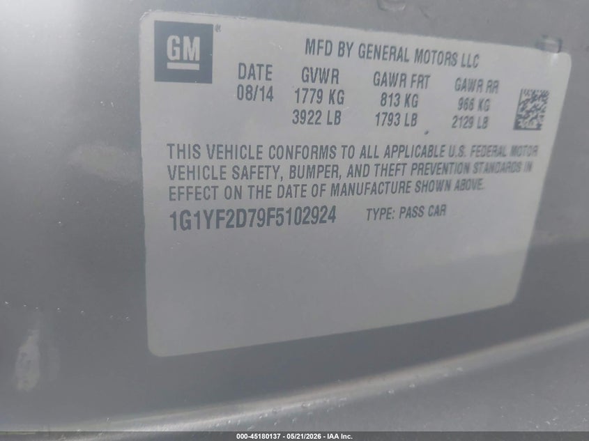 2015 Chevrolet Corvette Stingray VIN: 1G1YF2D79F5102924 Lot: 45180137