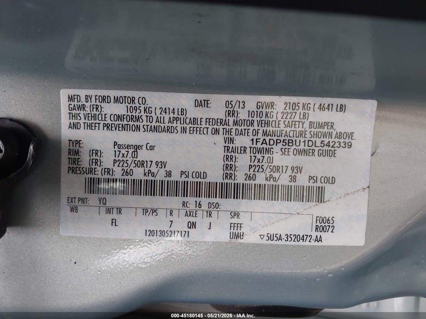 2013 Ford C-Max Hybrid Sel VIN: 1FADP5BU1DL542339 Lot: 45180145