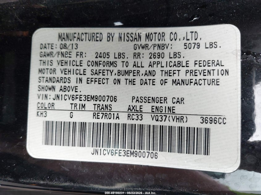 2014 Infiniti Q60 VIN: JN1CV6FE3EM900706 Lot: 45180231
