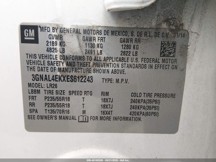 2014 Chevrolet Captiva Sport Ltz VIN: 3GNAL4EKXES612243 Lot: 45180289