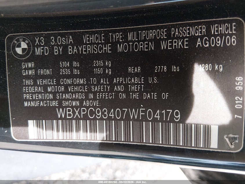 2007 BMW X3 3.0Si VIN: WBXPC93407WF04179 Lot: 45180294
