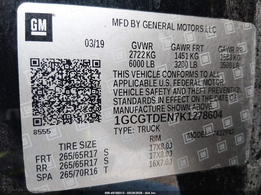VIN 1GCGTDEN7K1278604 2019 CHEVROLET COLORADO Z71