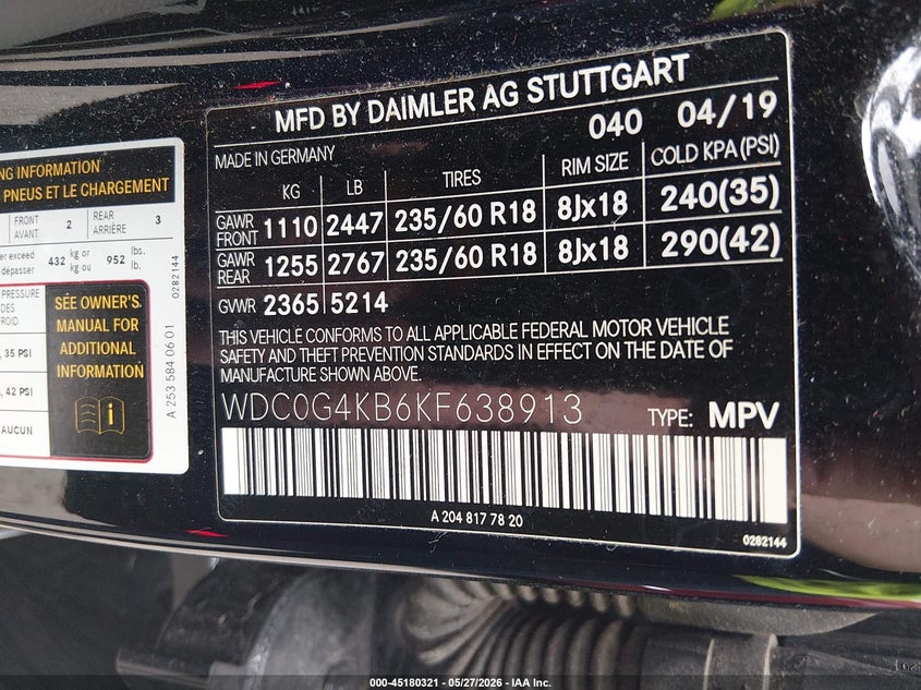 2019 Mercedes-Benz Glc 300 4Matic VIN: WDC0G4KB6KF638913 Lot: 45180321