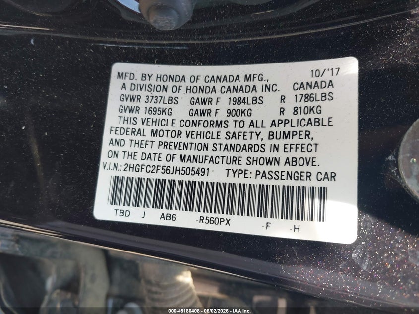 VIN 2HGFC2F56JH505491 2018 HONDA CIVIC LX