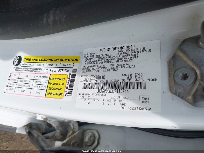 VIN 3FA6P0LUXJR118746 2018 FORD FUSION HYBRID SE