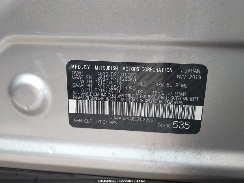 2020 Mitsubishi Eclipse Cross Es 1.5T VIN: JA4AS3AA6LZ022022 Lot: 45180548