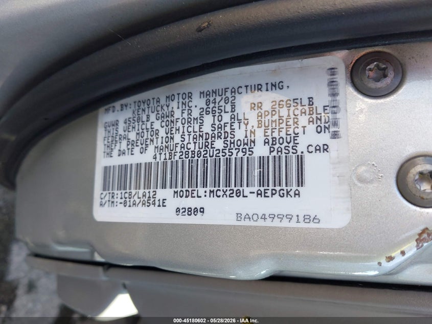 2002 Toyota Avalon Xls VIN: 4T1BF28B02U255795 Lot: 45180602
