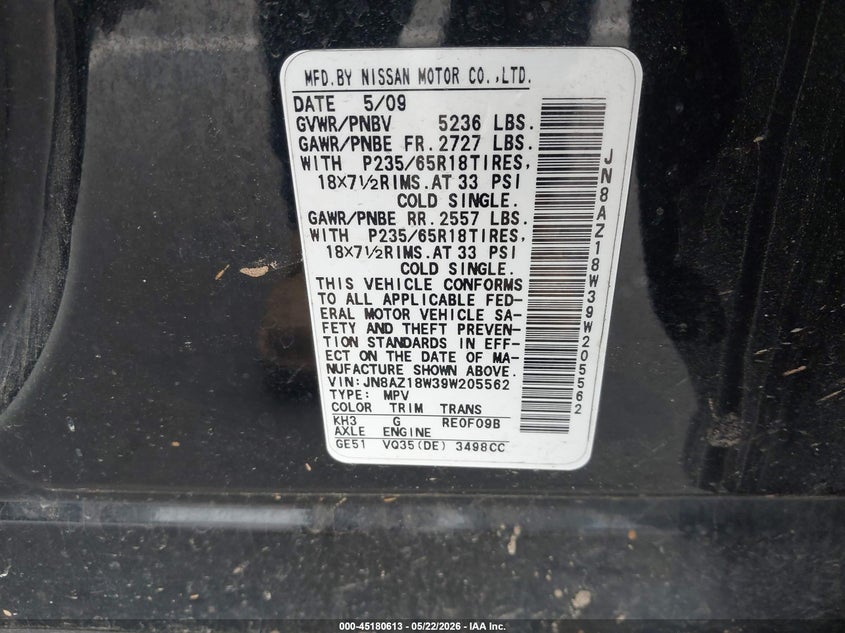2009 Nissan Murano Sl VIN: JN8AZ18W39W205562 Lot: 45180613