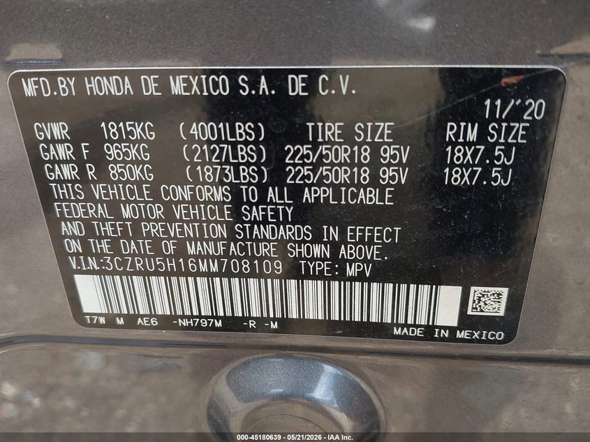 VIN 3CZRU5H16MM708109 2021 HONDA HR-V 2WD SPORT