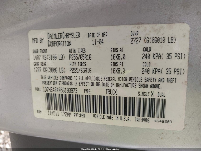 2005 DODGE DAKOTA PICKUP 3.7L V-6 210HP