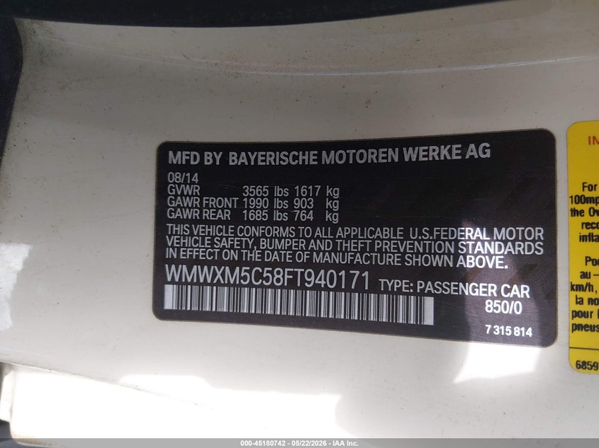 2015 Mini Hardtop Cooper VIN: WMWXM5C58FT940171 Lot: 45180742