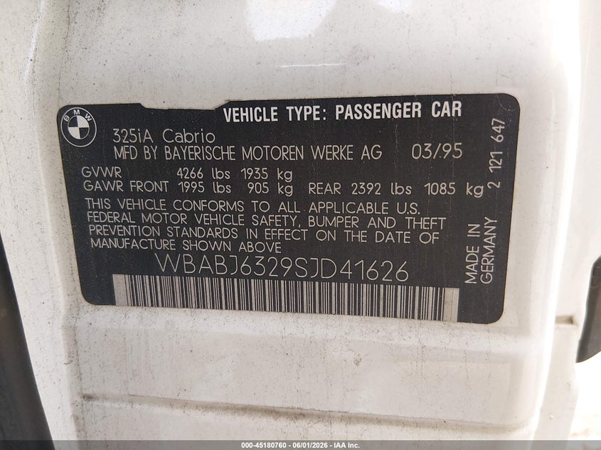 1995 BMW 325 Ic Automatic VIN: WBABJ6329SJD41626 Lot: 45180760