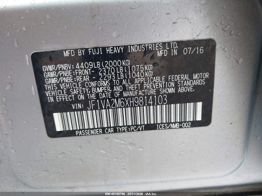 2017 Subaru Wrx Sti VIN: JF1VA2M6XH9814103 Lot: 45180796
