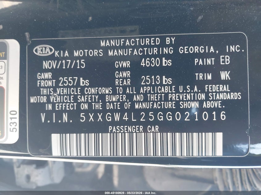 2016 KIA OPTIMA SEDAN 2.0L I-4 DI, DOHC, VVT, TURBO, 245HP