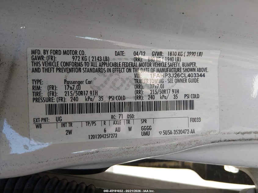 2012 FORD FOCUS SEDAN 2.0L I-4 DI, DOHC, VVT, 160HP