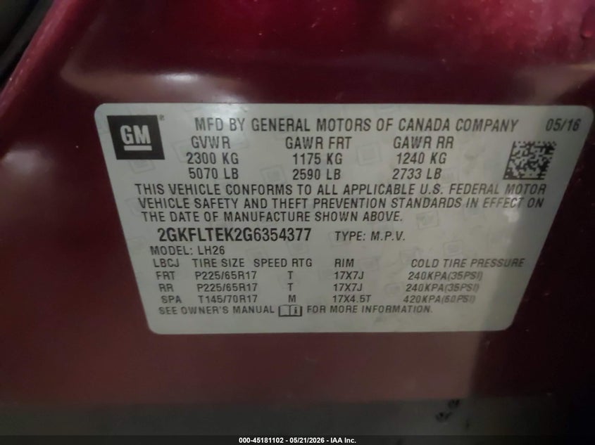 GMC TERRAIN 2016 VIN 2GKFLTEK2G6354377