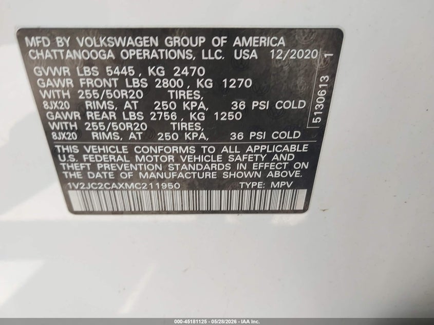 2021 Volkswagen Atlas Cross Sport 2.0T Se W/Technology VIN: 1V2JC2CAXMC211950 Lot: 45181125