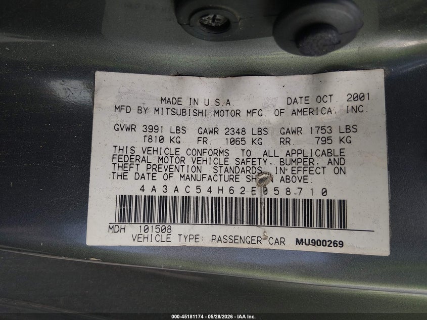 2002 Mitsubishi Eclipse VIN: 4A3AC54H62E058710 Lot: 45181174