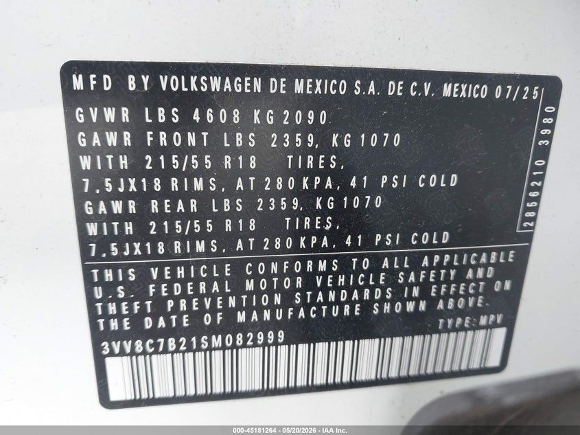 2025 Volkswagen Taos 1.5T S VIN: 3VV8C7B21SM082999 Lot: 45181264