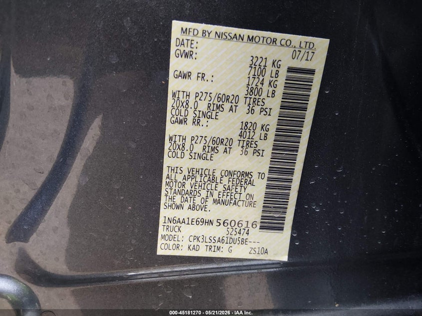 2017 Nissan Titan Sv VIN: 1N6AA1E69HN560616 Lot: 45181270