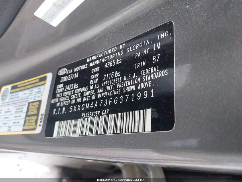 2015 KIA OPTIMA SEDAN 2.4L I-4 DI, DOHC, VVT, 192HP